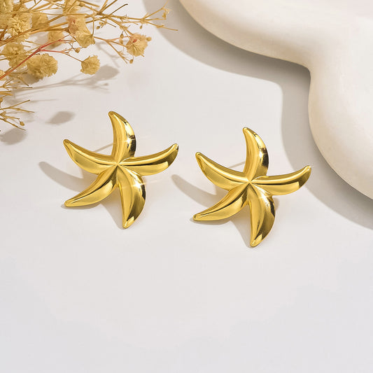 J568 Aretes estrella de mar dorada acero inoxidable 3.5cm