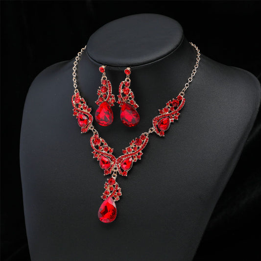 C669 Conjunto collar aretes cristal rojo de fiesta aleacion largo 24cm aretes 6cm