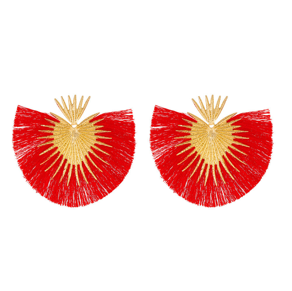 E7098RJ Aretes pico dorado y flecos rojas en forma de abanico aleacion 9cm