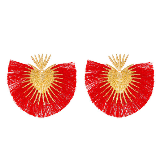 E7098RJ Aretes pico dorado y flecos rojas en forma de abanico aleacion 9cm
