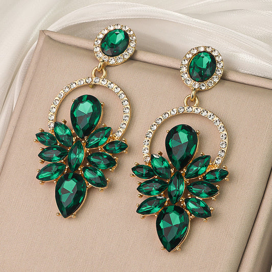 E7181 Aretes verde esmeralda de fiesta a elegantes brillantes aleacion 6cm