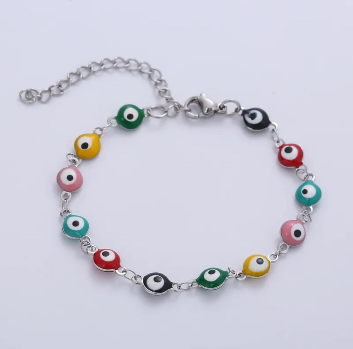 B351P Pulsera plateada ojos turcos colores acero inoxidable chapado en oro 18k largo 22cm