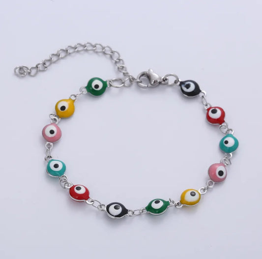 B351P Pulsera plateada ojos turcos colores acero inoxidable chapado en oro 18k largo 22cm