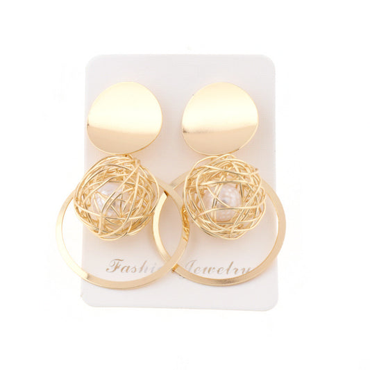 E7336 Aretes borla dorada perla aleacion de fiesta 5cm