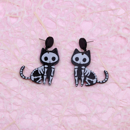 E3786 Aretes gato negro esqueleto 4cm acrílico