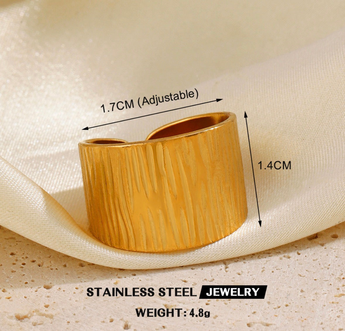 A576 anillo ancho dorado abierto acero inoxidable