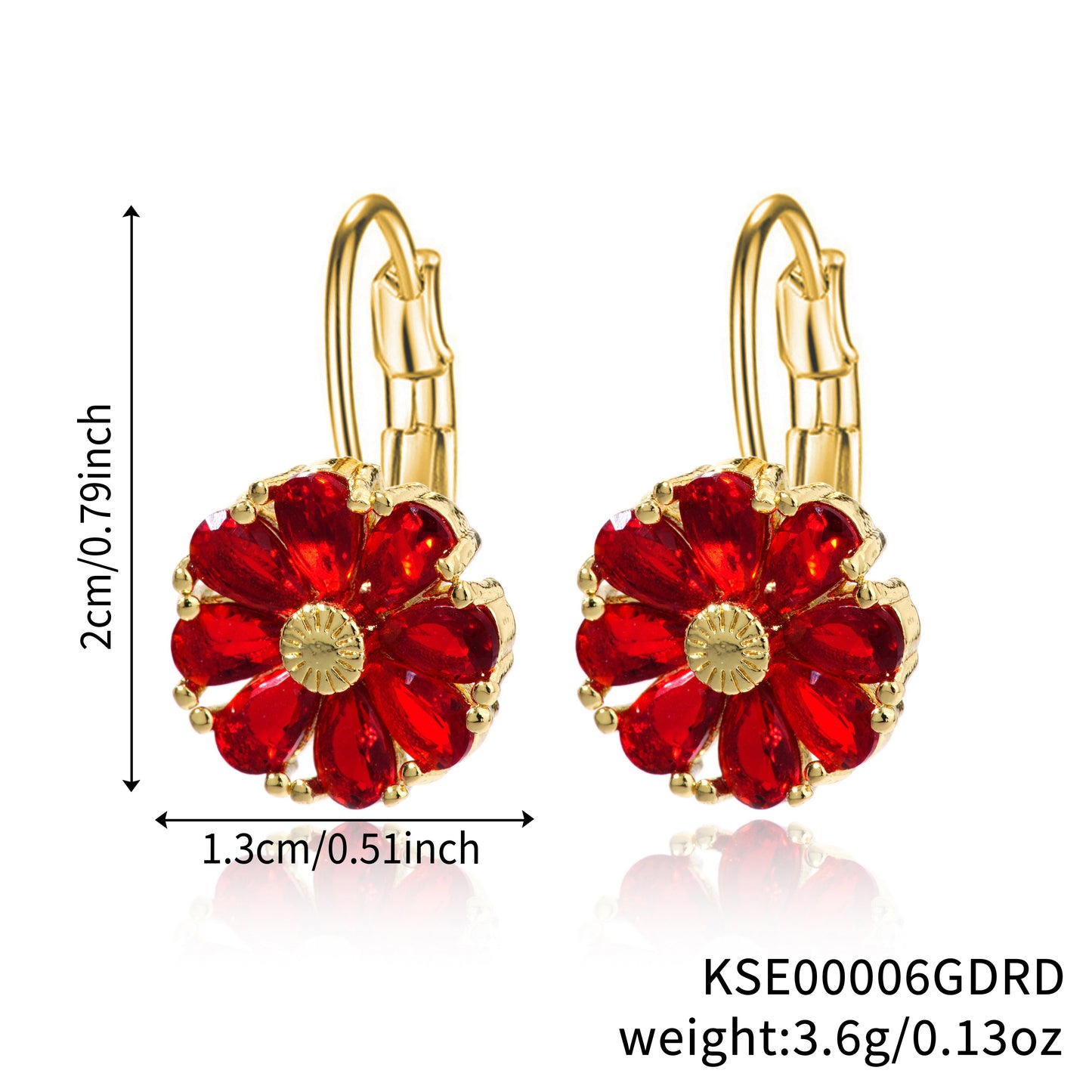 E4840 Aretes flor roja brillante roja vidrio chapado en oro 2cm