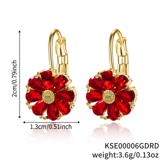 E4840 Aretes flor roja brillante roja vidrio chapado en oro 2cm