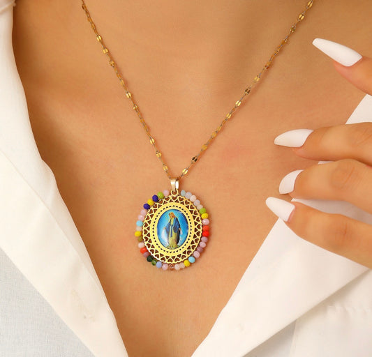 C1259 Collar dorado virgen del Rosario colorido  acero inoxidable