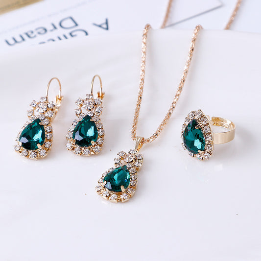 C1599 Conjunto de collar aretes y anillo gota elegante verde esmeralda  aleacion 24cm largo 1.5dije