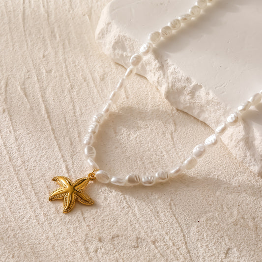 C1547 Collar Perlas estrella de mar dorada aleacion 24cm largo 2cm dije