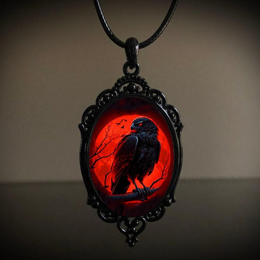 C834 Collar óvalo cuervo Halloween aleacion cuerda de cuero 22cm largo 6cm dije