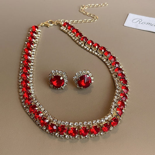 C1028R Conjunto collar y aretes cristal rojo 20cm,1.5cm