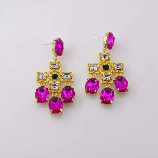 Aretes 1189 Dorado Incrustación Cristal Fucsia