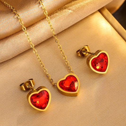 C747 set de collar y aretes corazón roja acero inoxidable chapado en oro de 18k 23cm largo dije 1.5cm