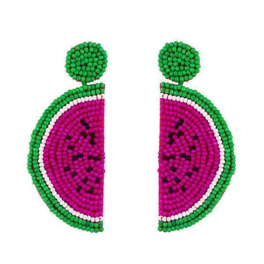 Aretes 1817 Grandes Sandía Tejido Chaquira Fucsia