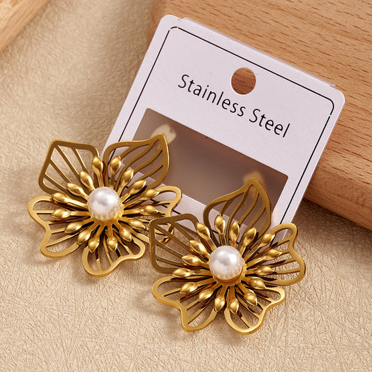 E4707 Aretes flor dorada acero inoxidable 4cm