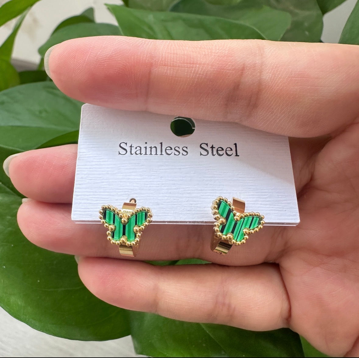 E7160 Aretes mariposa verde  acero inoxidable 1.5cm