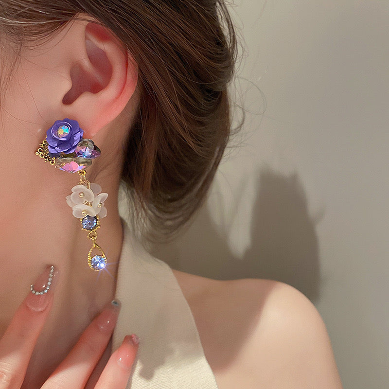 E7331 Aretes cristal artificial morado elegante 7cm