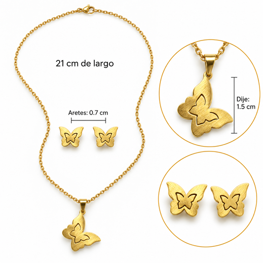 C070 Conjunto collar y aretes mariposa acero inoxidable