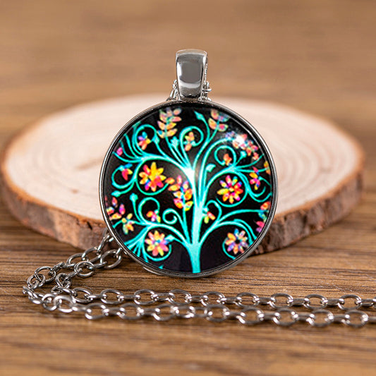 C746 Collar círculo árbol de la vida aleacion 21cm largo dije 3cm