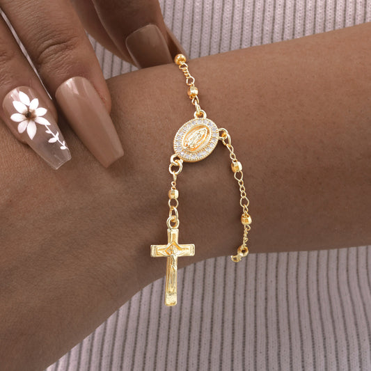 B406 Pulsera cruz dorada cobre chapado en oro de 18k 12cm