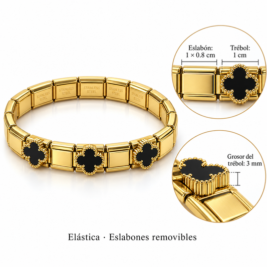 B983 Pulsera italiana modular trebol acero inoxidable con eslabones removibles y elasticos