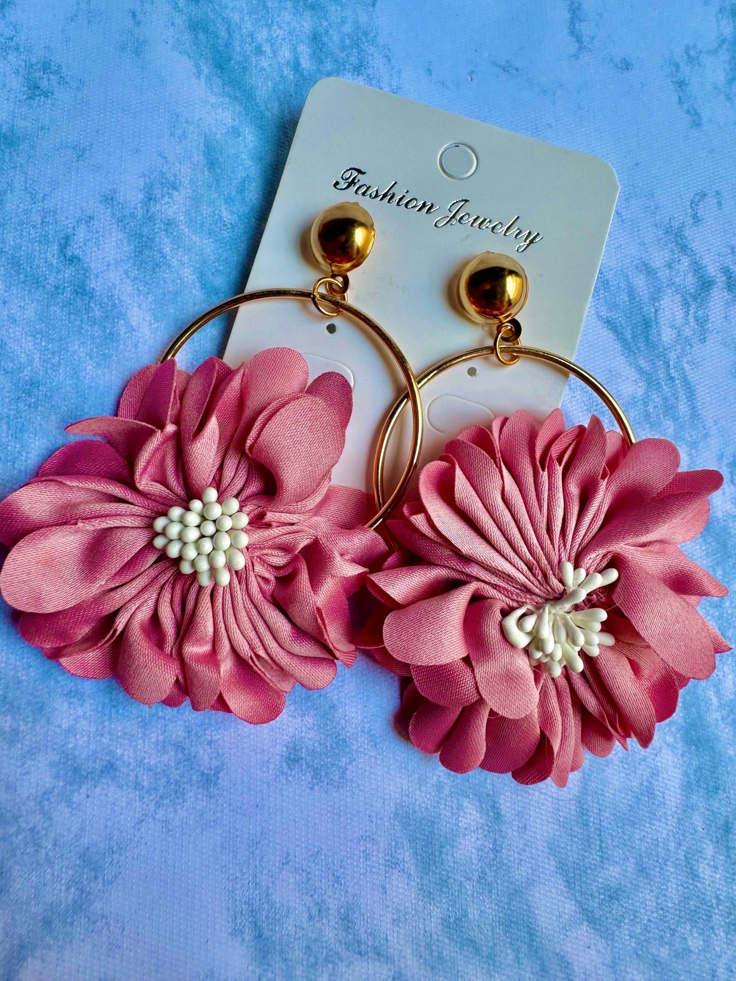 E612R Aretes flor rosa tela tipo arracada colgantes 8cm