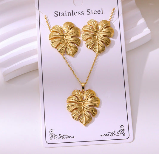 C1575 Conjunto de collar y aretes hojas doradas acero inoxidable 24cm largo 5cm dije