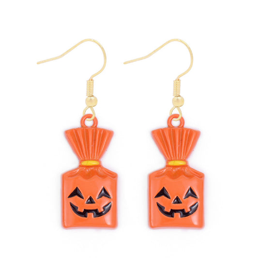 E4004 Aretes bolsa dulces de calabaza Halloween aleacion esmaltado 4cm