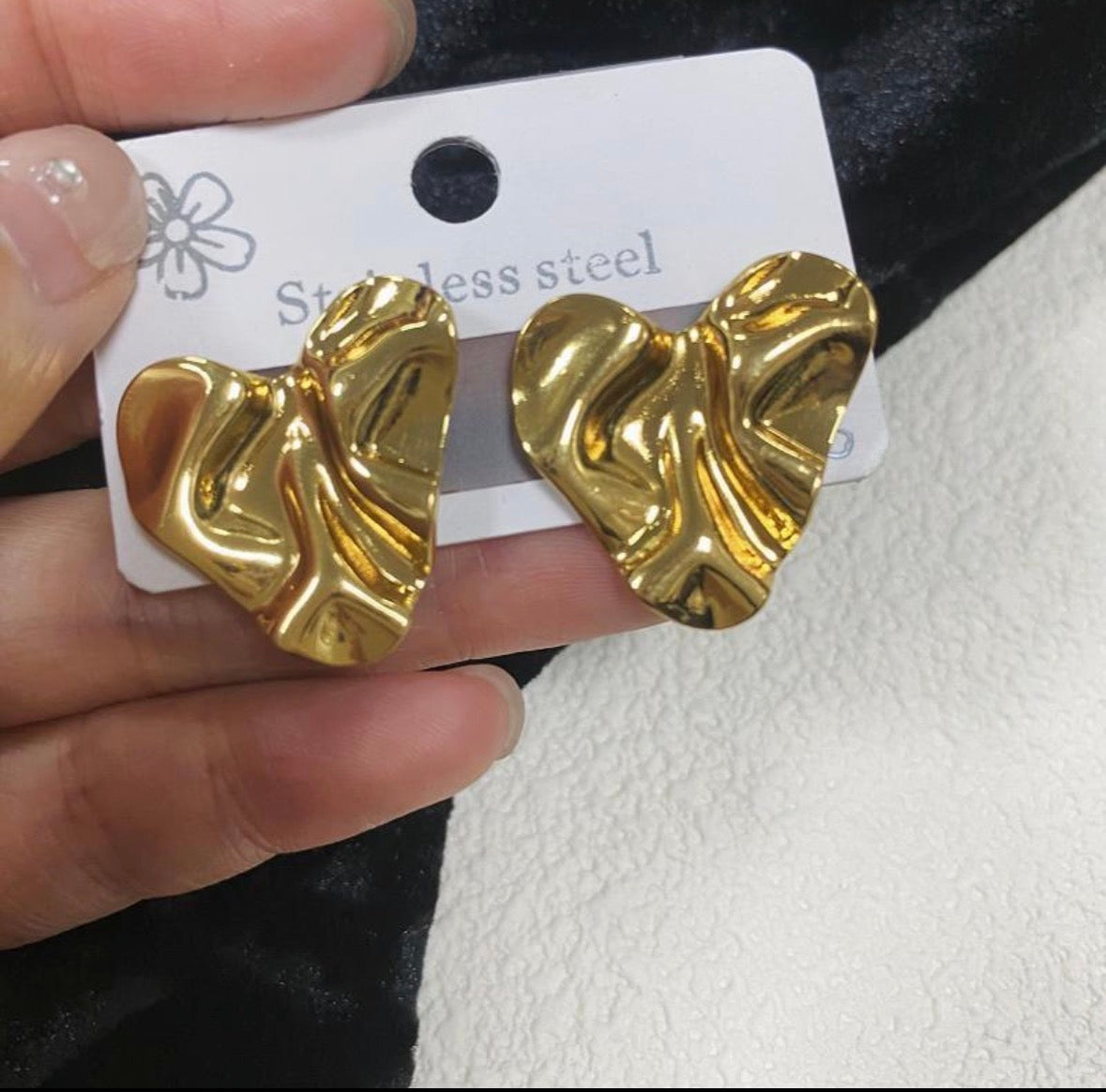 E5124 Aretes corazón arrugado dorado acero inoxidable 3cm