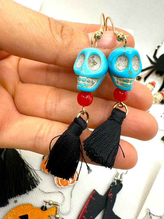 E266 Aretes Calavera Azul Borla Halloween