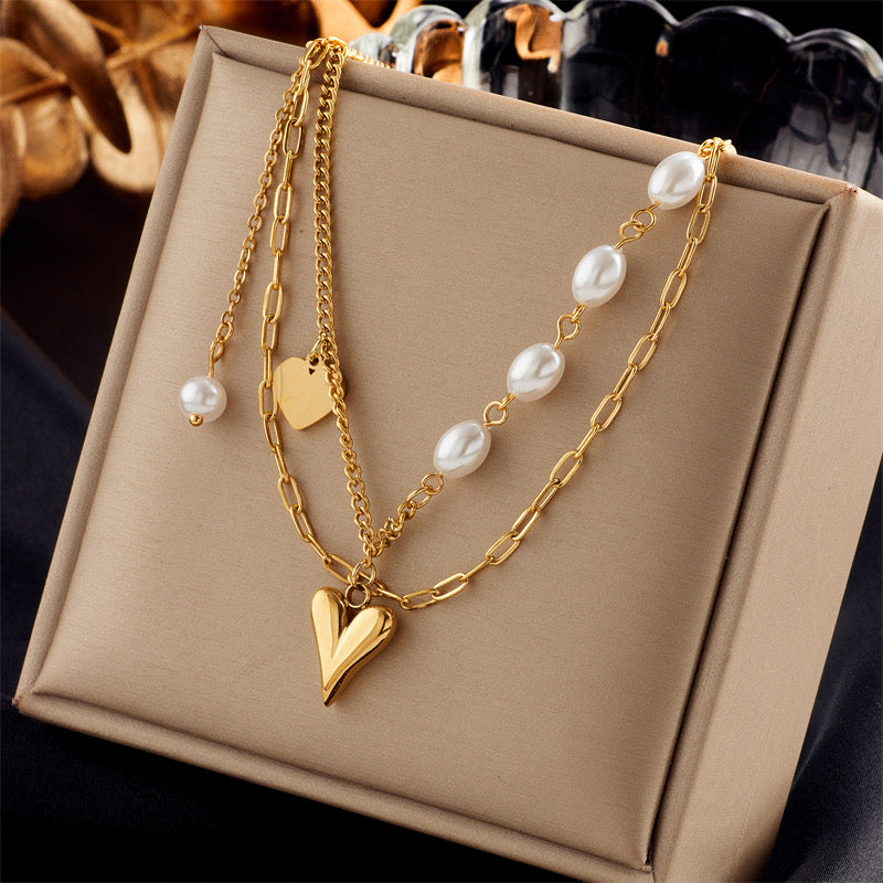 C238 Collar corazon doble capa mixto perla acero inoxidable