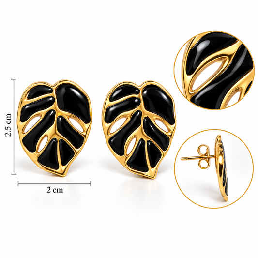 E043 Aretes hoja negra con diseño dorado esmaltado de acero inoxidable 304