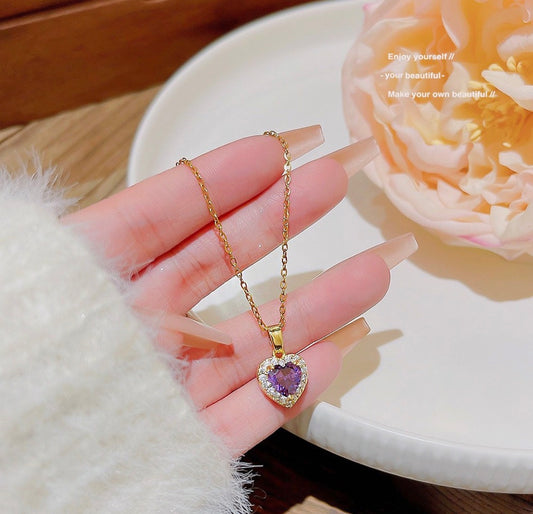 C1495 Collar corazon dorado diamante morado 20cm acero titanio
