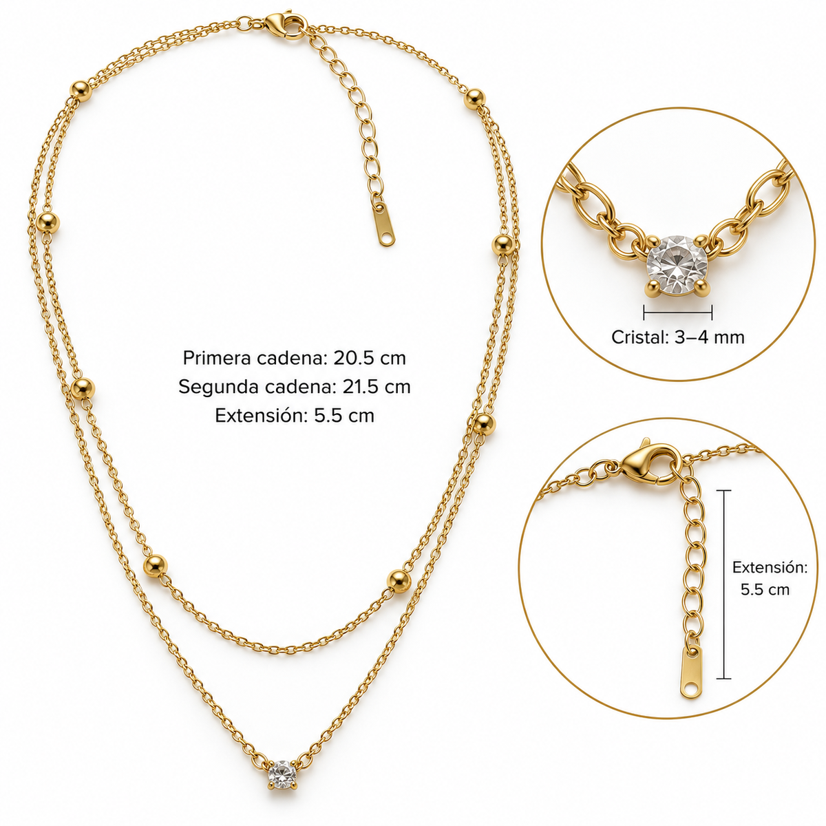 C053 Collar con diamante imitacion doble cadena de acero inoxidable 304