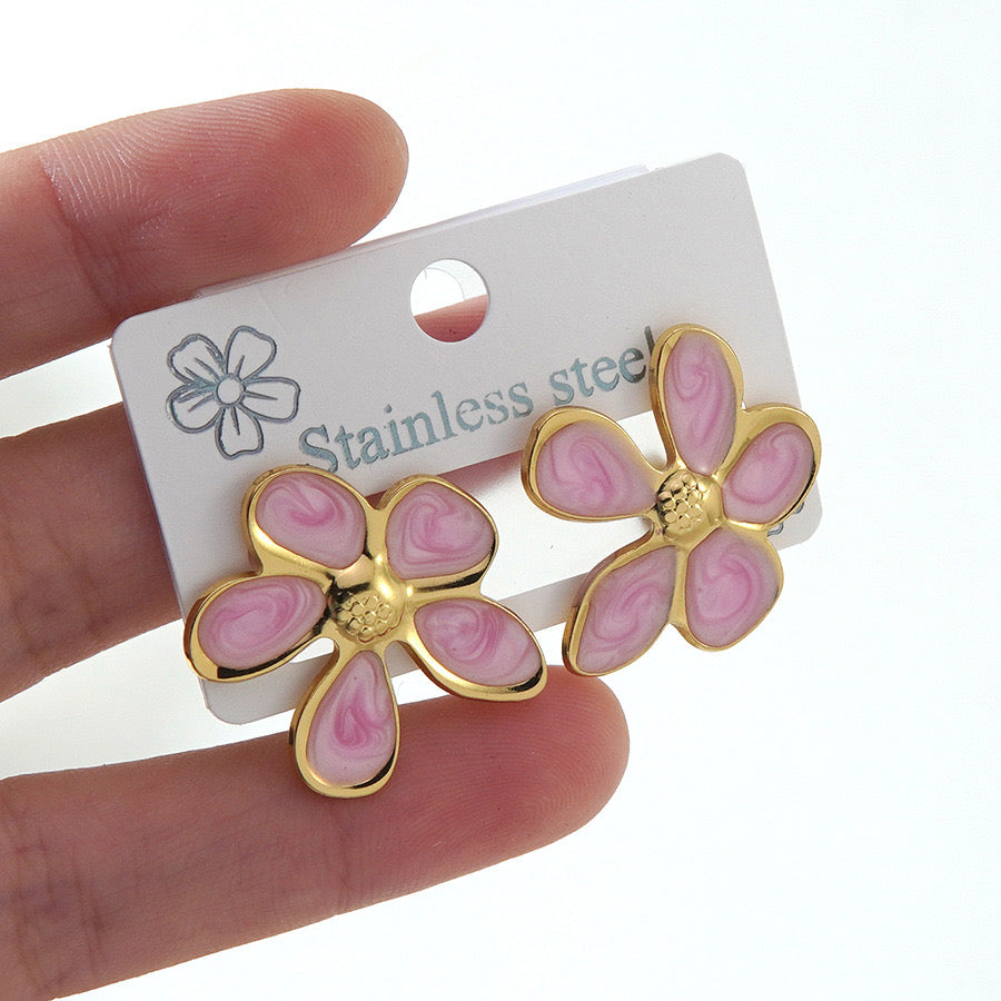 E7235 Aretes flor esmalte acero inoxidable 304 2.5 cm