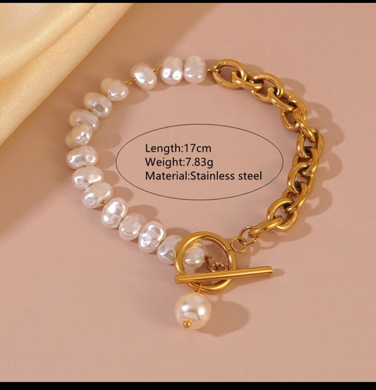 B689 pulsera dorada perlas estilo francés acero inoxidable chapada en oro de 18k