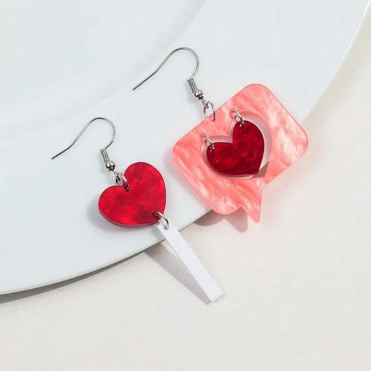 E4030 Aretes asimétrico corazón rojo acrílico 5cm
