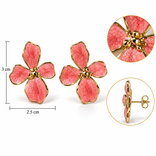 E031 Aretes flor cuatro petalos esmaltado de acero inoxidable 304