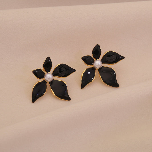 E3686N Aretes flor negra acero inoxidable chapado en oro de 18k 3cm