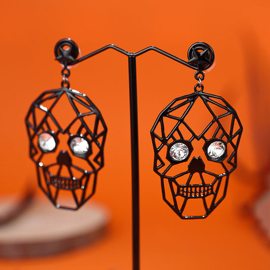 E3803 Aretes cráneo negro día de muertos Halloween 10cm aleacion