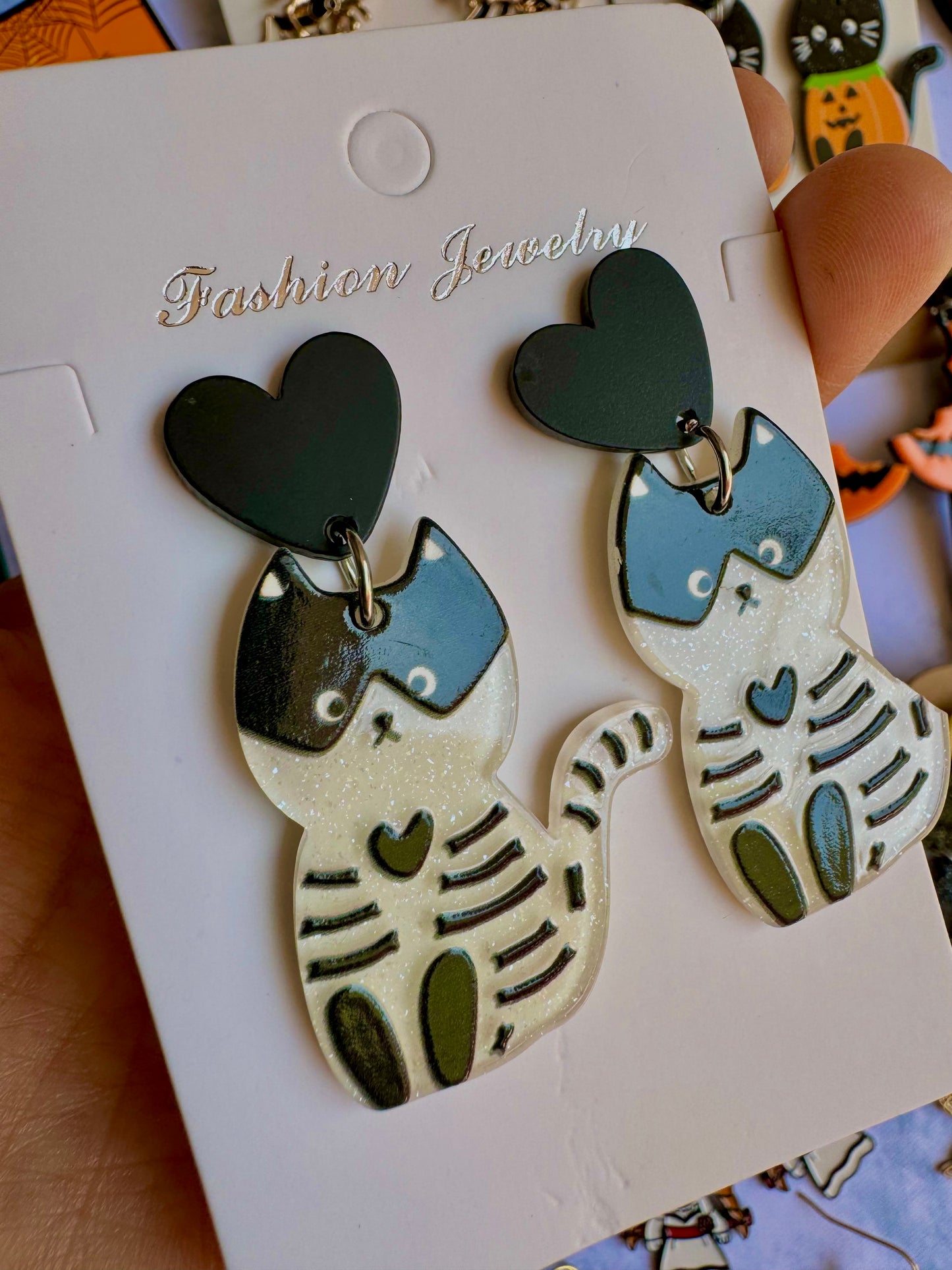 E276W Aretes Gato Esqueleto Halloween