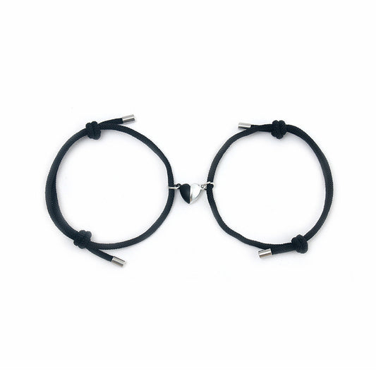 B349N Pulsera negra duo corazon duo pareja soga