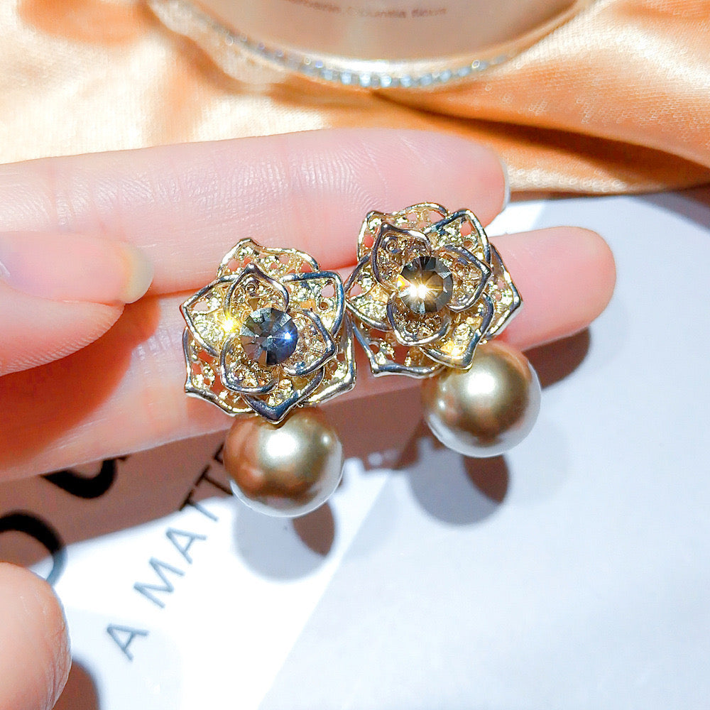 E2038 Aretes perla flor aleacion
