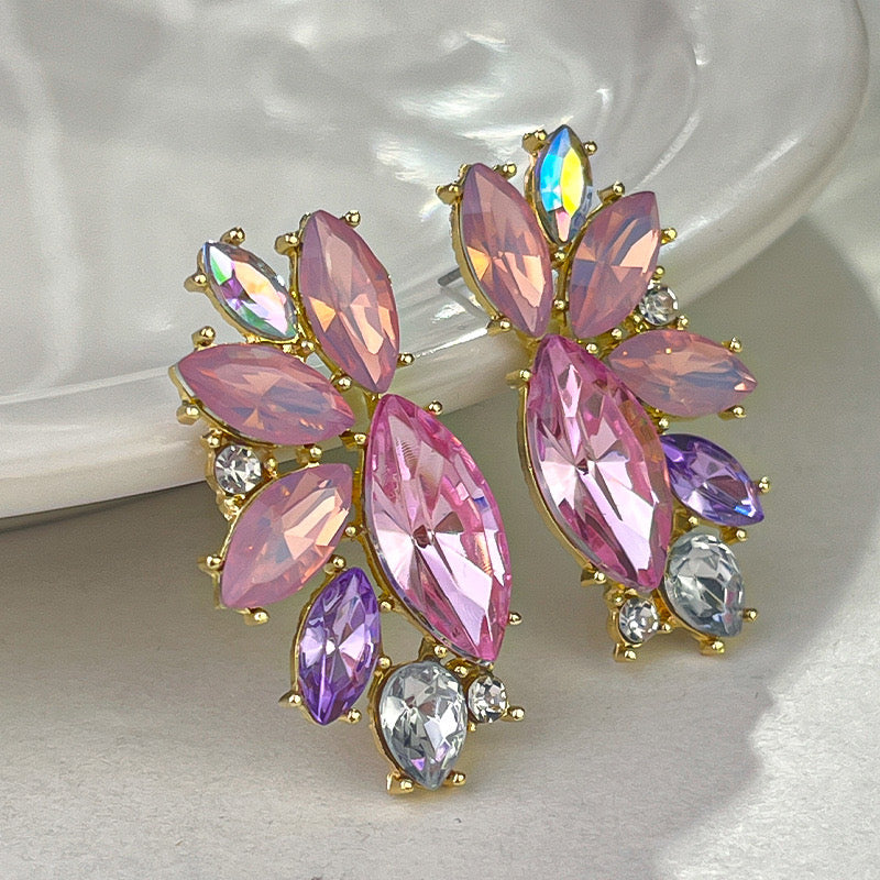 E3974 Aretes flor cristal rosa aleacion 5cm