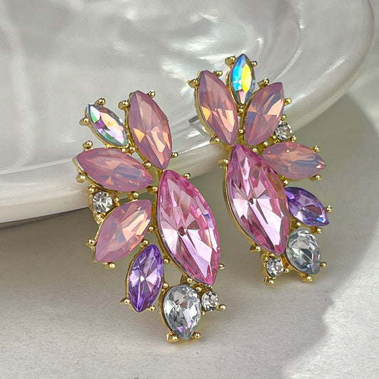 E3974 Aretes flor cristal rosa aleacion 5cm