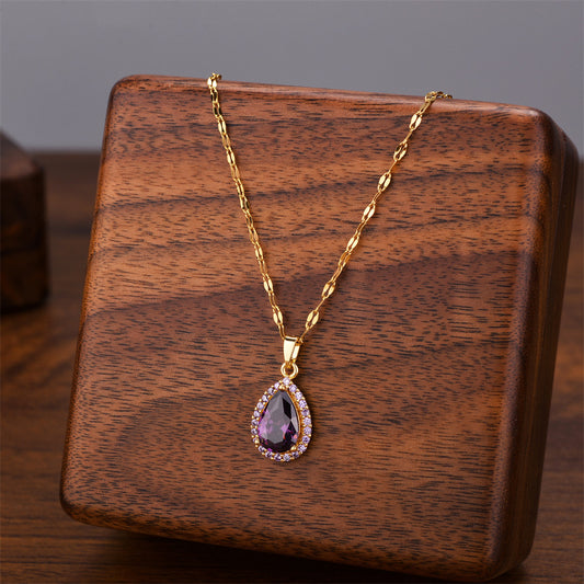 C978 Collar gota cristal acero inoxidable chapado en oro 18k 22cm,2cm dije