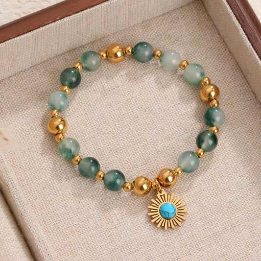 B422 Pulsera flor azul piedra ágata elástica