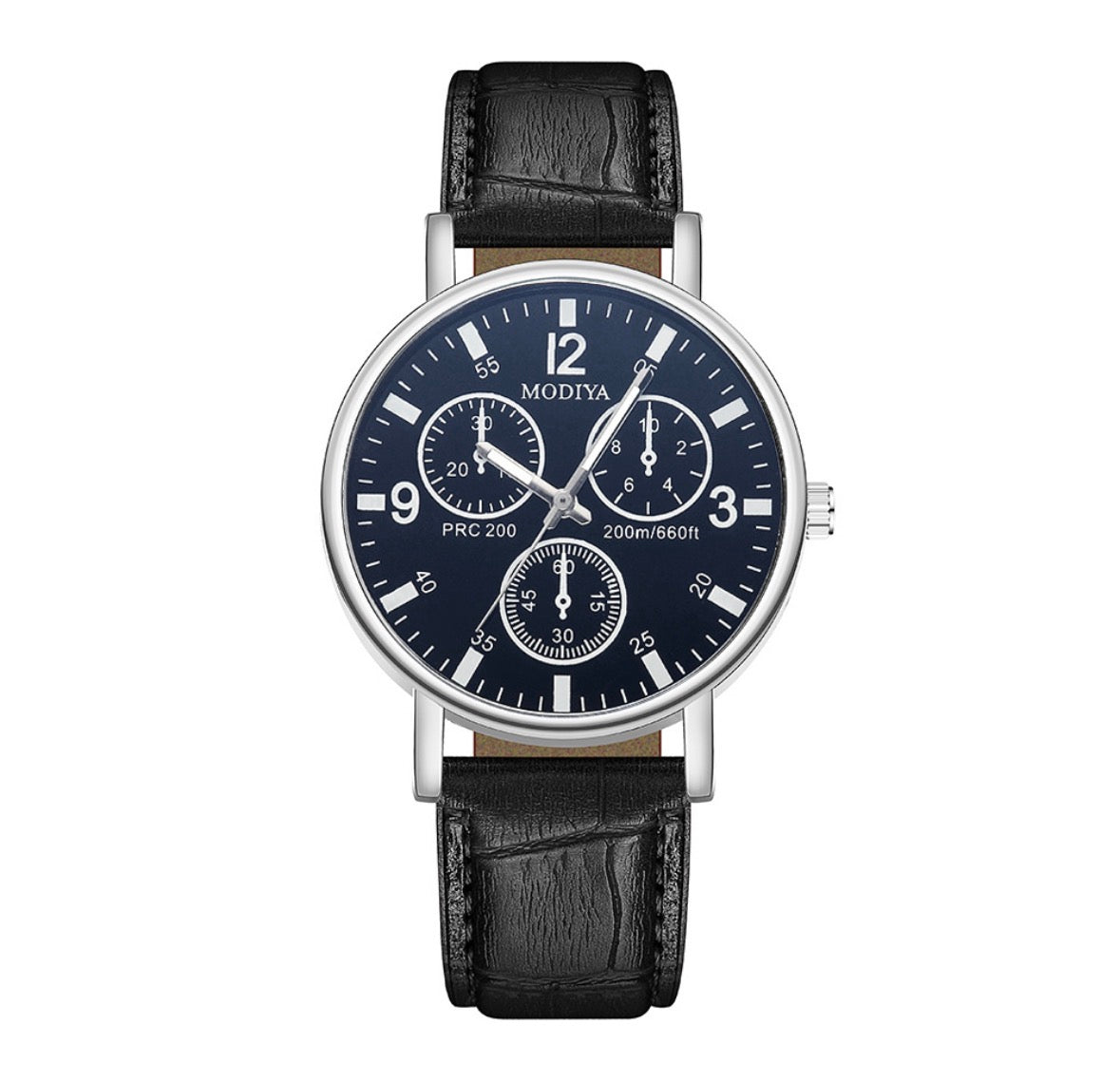 R156 Reloj ronda azul marino hebilla negra de cuero sintetico